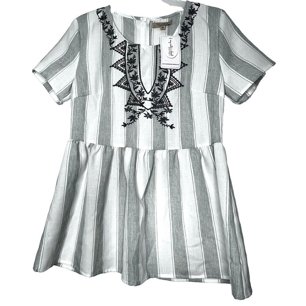 Pologram bohemian chic embroidered white gray short sleeve women blouse size S.